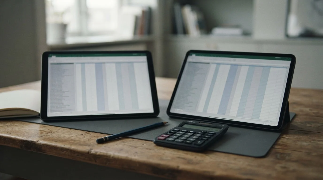 Dos tabletas con tablas grises sin nombre y una calculadora entre ellas