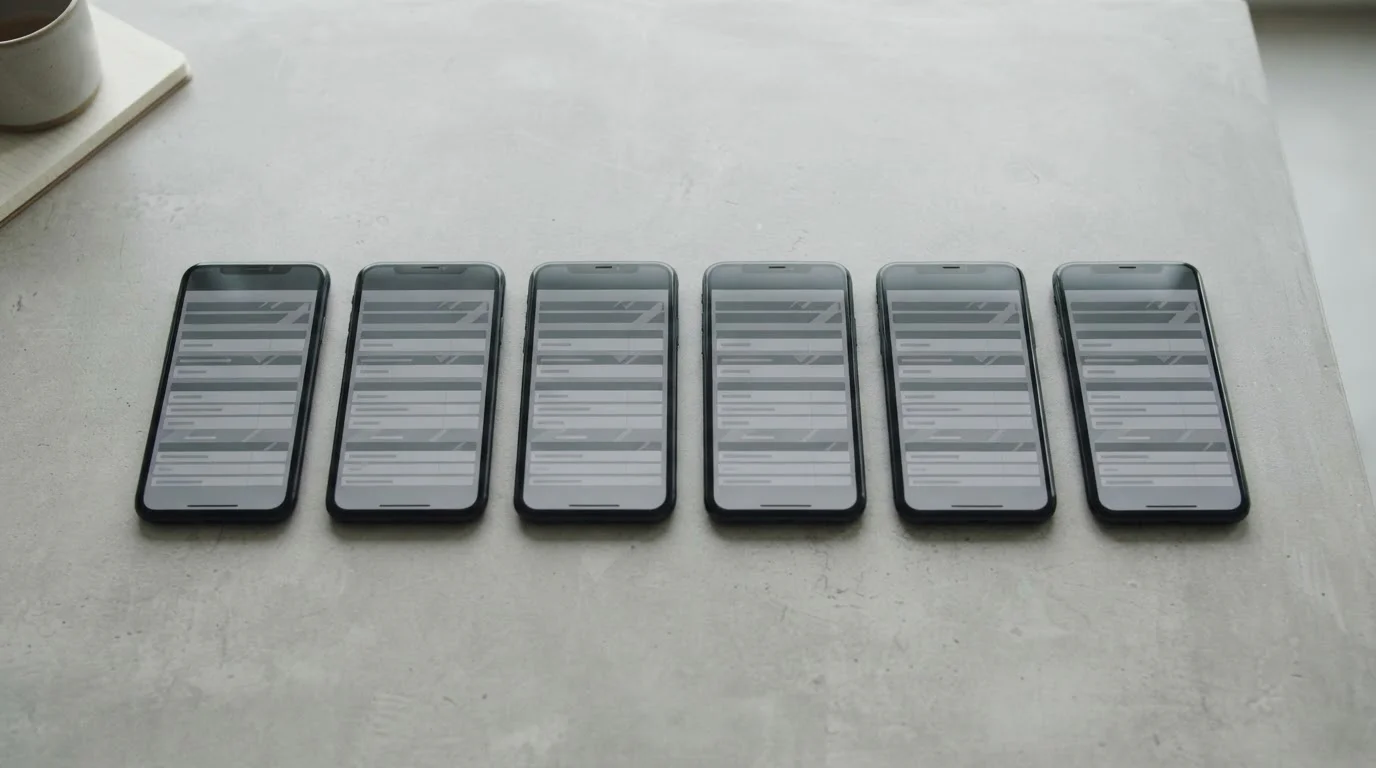 Seis móviles sin marca alineados sobre una mesa gris con pantallas neutras