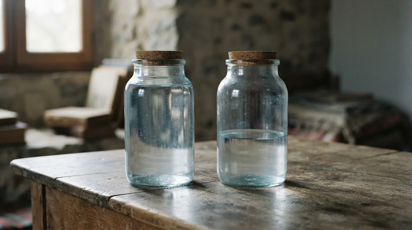 Dos tarros de cristal iguales, uno lleno de agua y otro con menos de la mitad