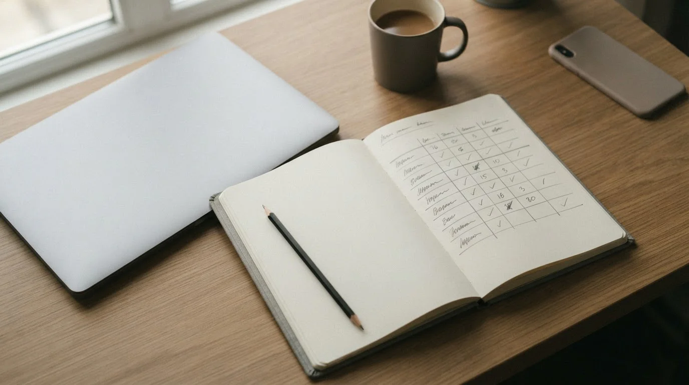 Cuaderno con una tabla comparativa de siete filas junto a un portátil