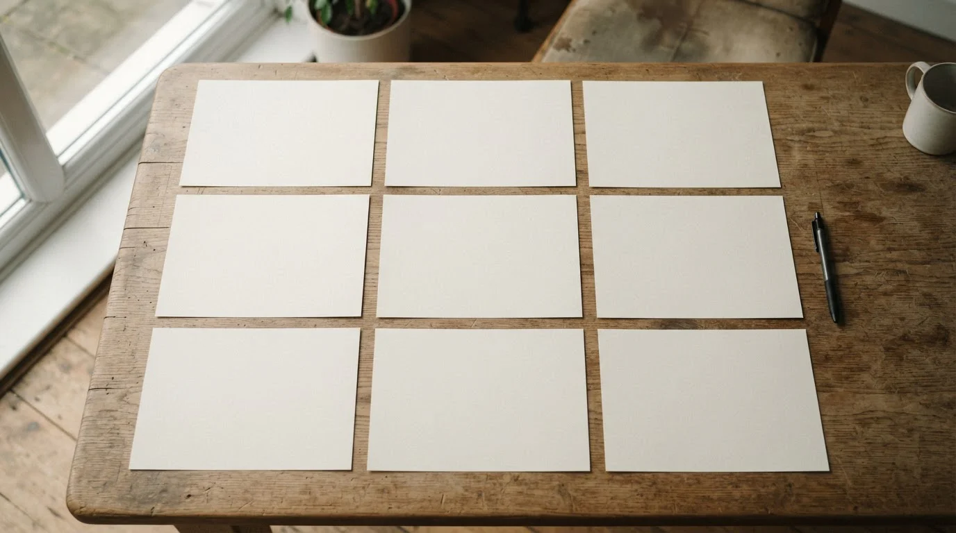 Nueve hojas en blanco ordenadas en cuadrícula sobre una mesa