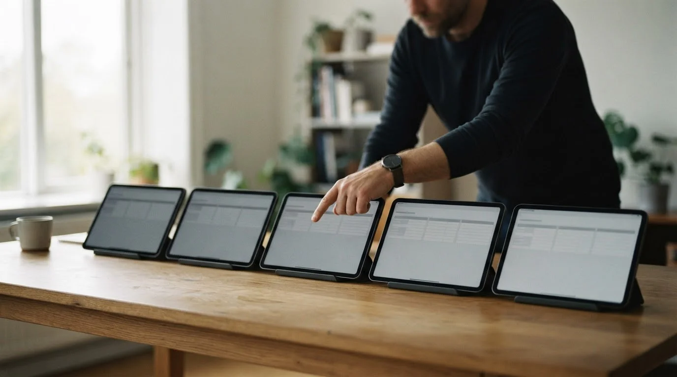 Cinco tabletas alineadas con tablas neutras para comparar operadores