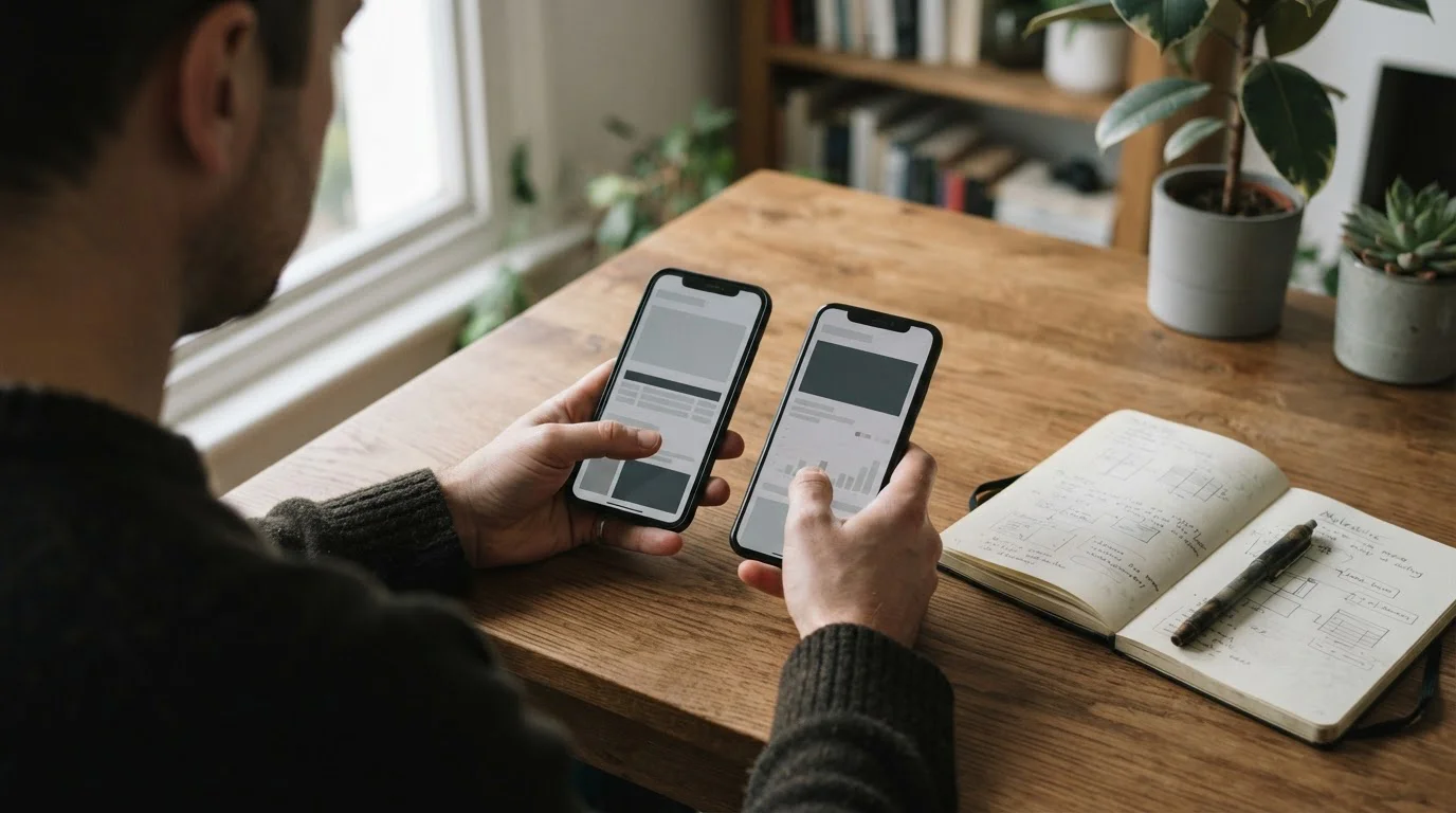Manos comparando dos móviles con tablas neutras sobre un escritorio