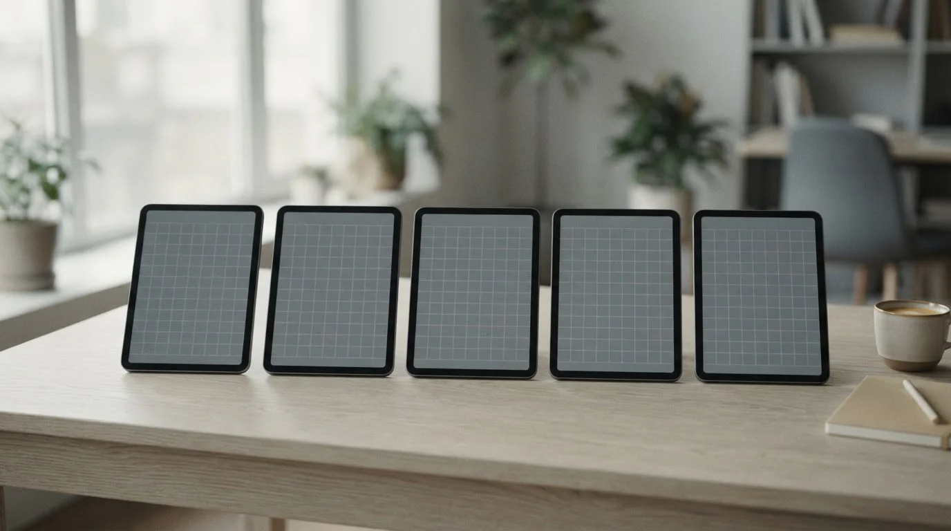 Cinco tabletas alineadas sobre una mesa con tablas comparativas sin nombre