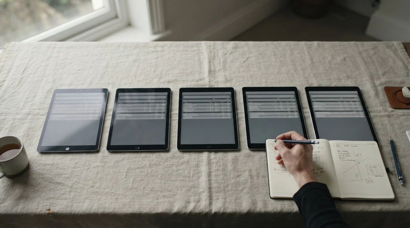 Cinco tabletas con tablas comparativas sobre un escritorio
