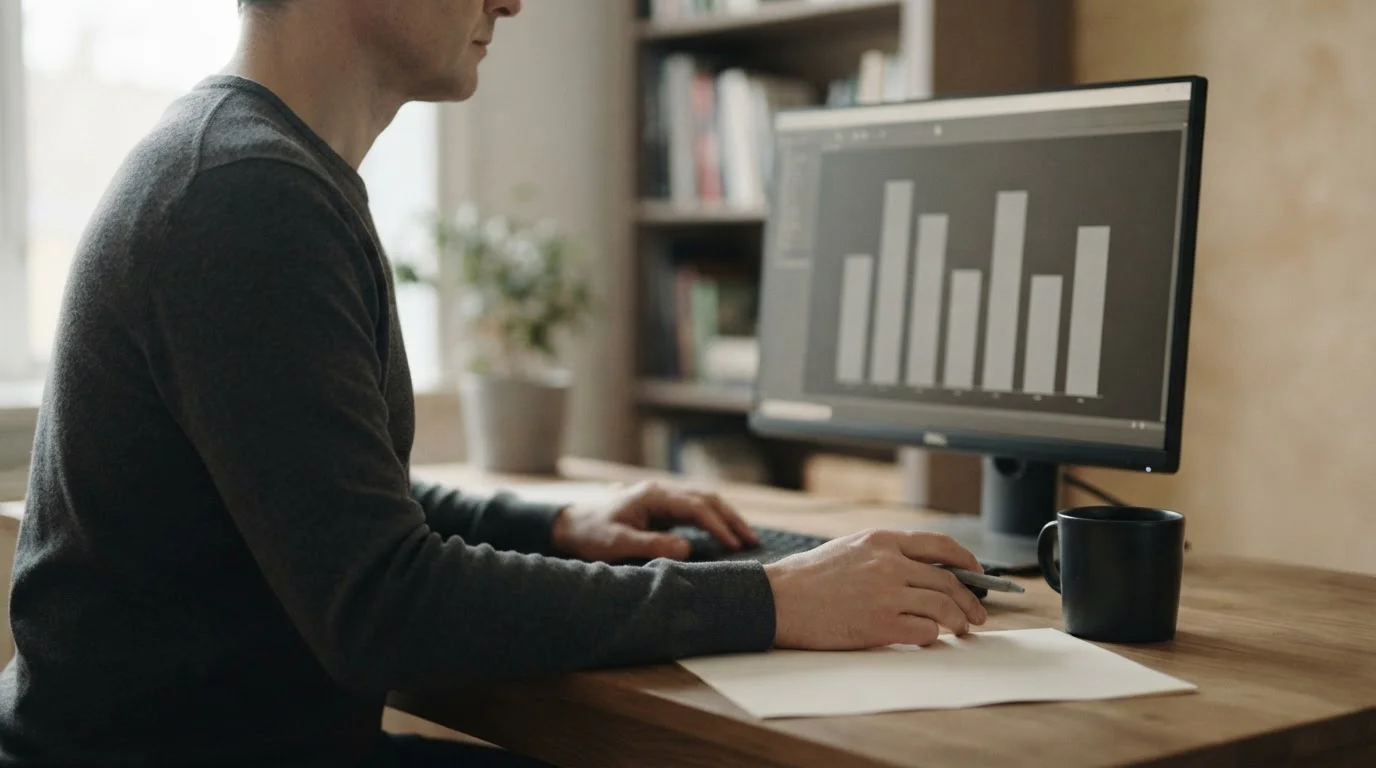 Manos ante un monitor que compara siete columnas grises sin nombre