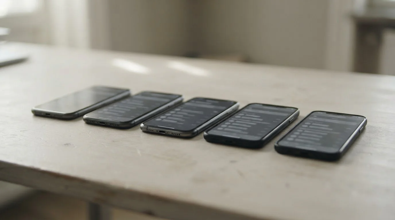Cinco móviles iguales alineados sobre una mesa con tablas neutras en pantalla