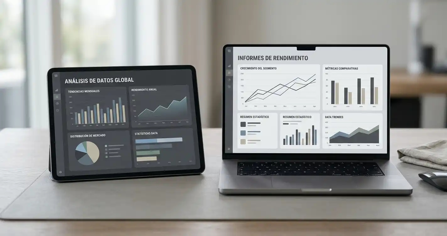 Manos comparando paneles de estadísticas en una tableta y un portátil