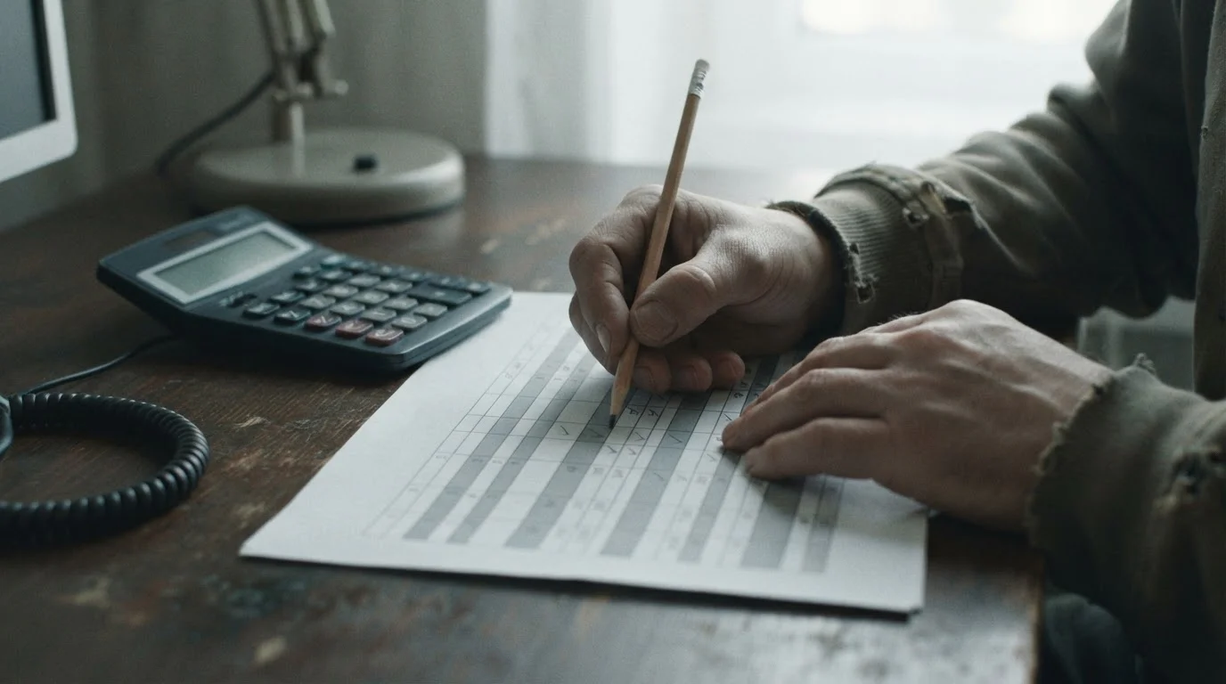 Manos con lápiz y calculadora revisando columnas de cifras