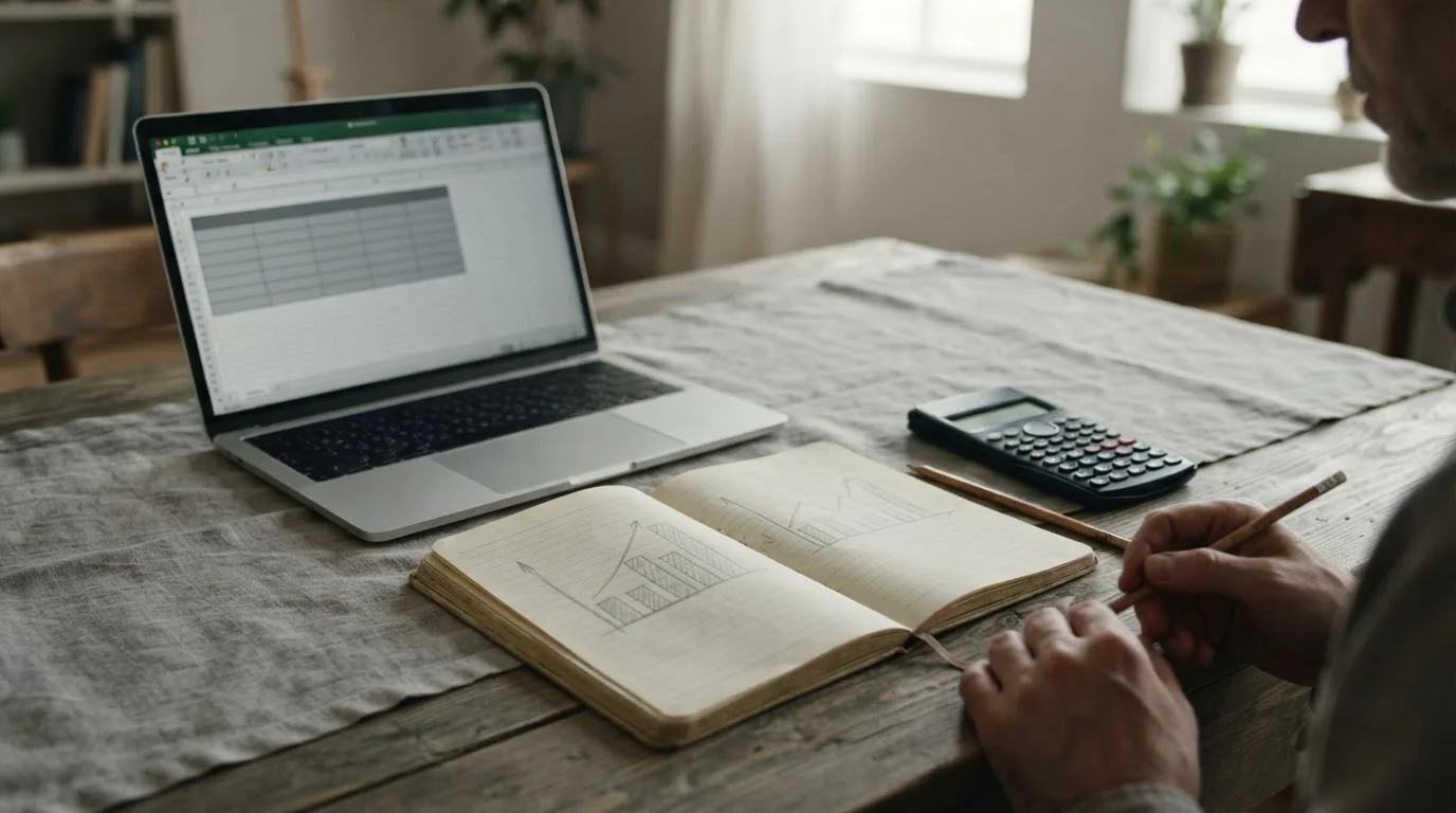 Cuaderno con un gráfico de barras a lápiz junto a una calculadora y un portátil