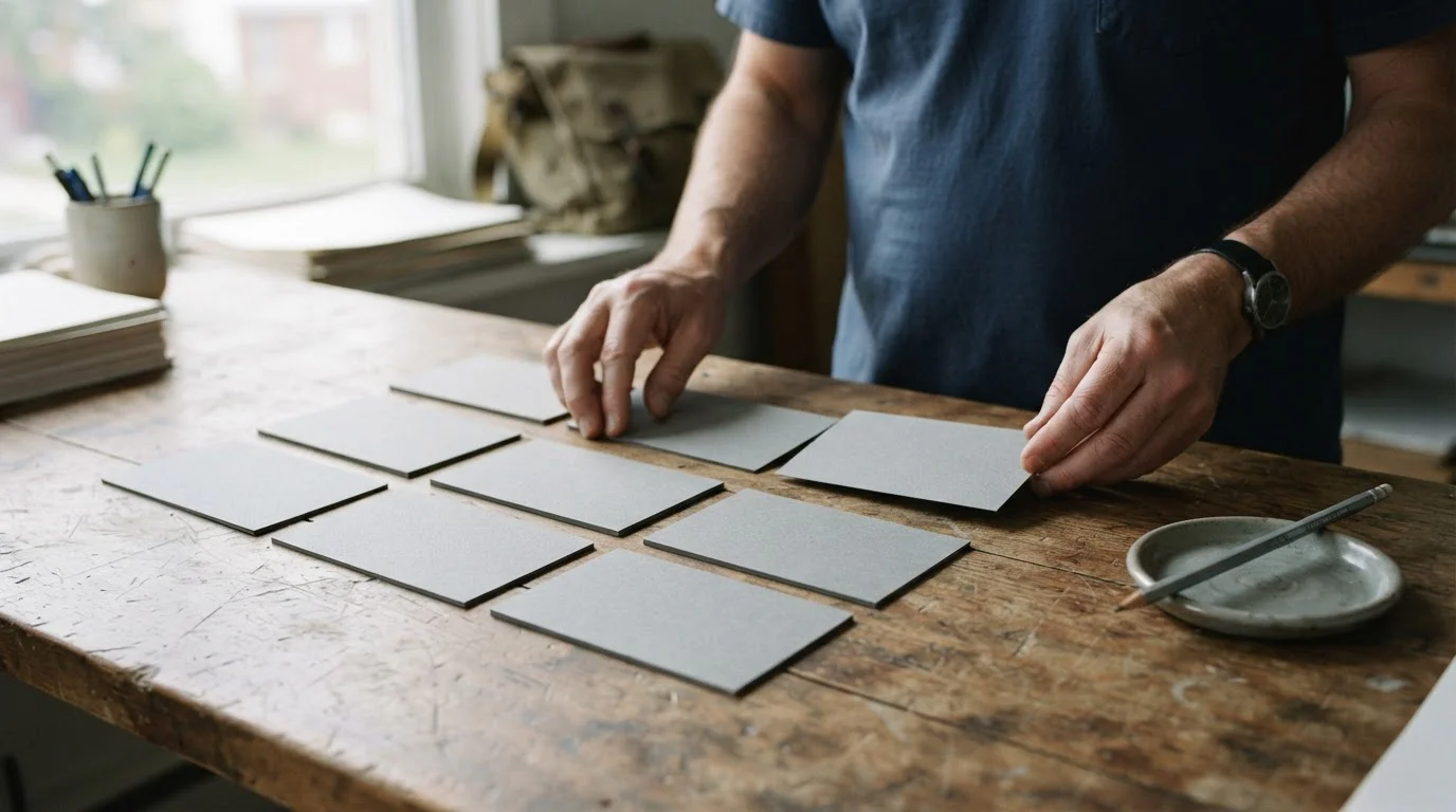 Manos ordenando ocho fichas de papel en blanco sobre una mesa
