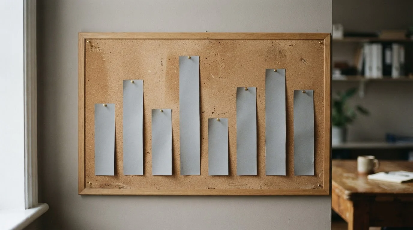 Ocho tiras de papel gris de distinta altura que forman un gráfico de barras