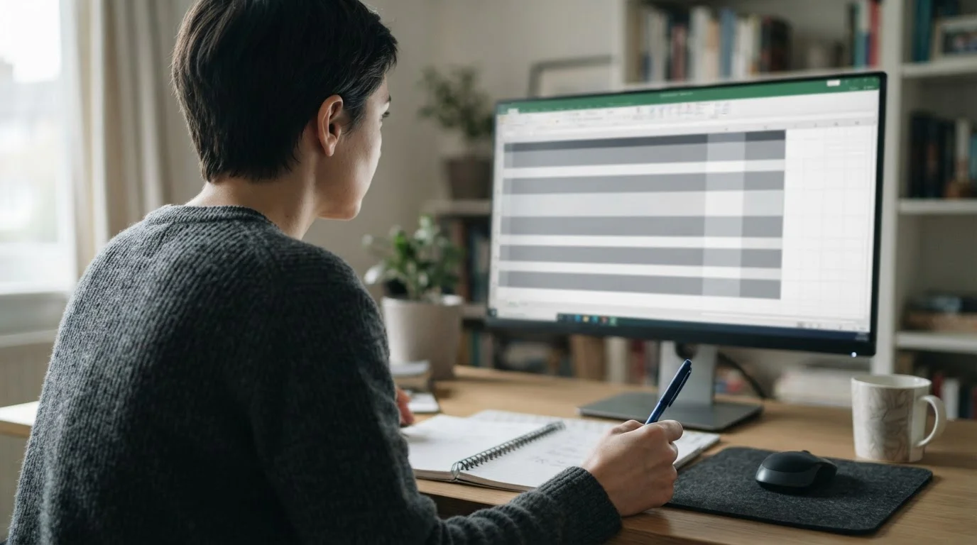 Persona de espaldas comparando nueve filas sin nombre en un monitor