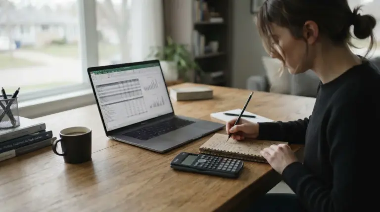 Escritorio con portátil, cuaderno y calculadora para analizar apuestas