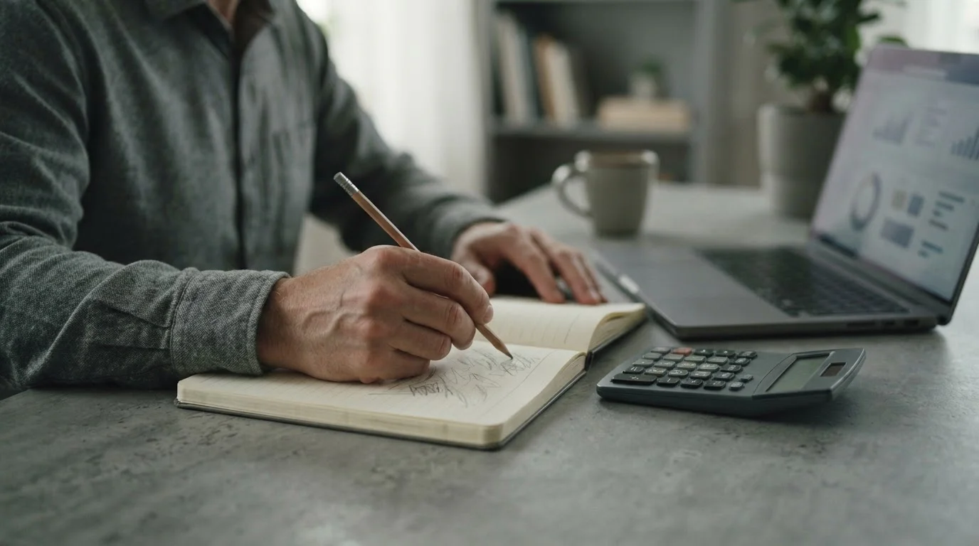 Manos haciendo cálculos en un cuaderno junto a una calculadora y un portátil