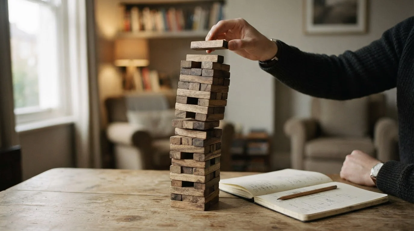 Mano colocando un bloque más sobre una torre de madera inestable