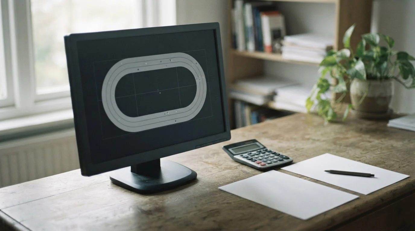 Monitor con una pista ovalada simulada junto a una calculadora y dos hojas en blanco