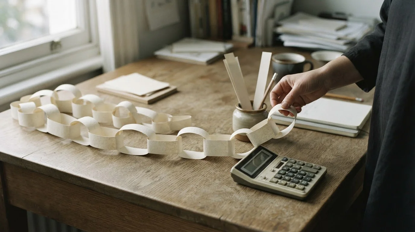 Mano que añade un eslabón de papel a una cadena junto a una calculadora