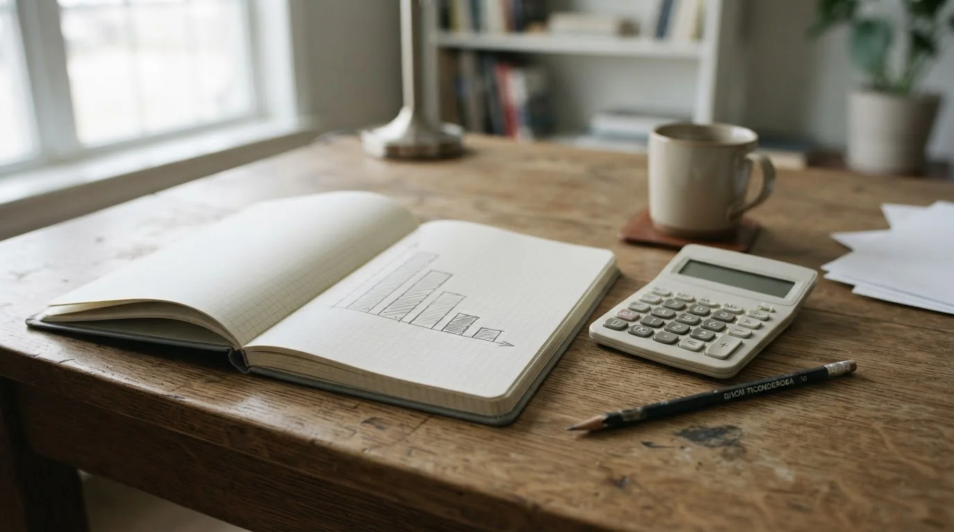 Cuaderno con un gráfico de barras descendente dibujado a mano junto a una calculadora