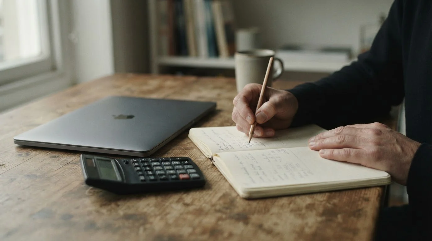Manos con un lápiz sobre un cuaderno abierto junto a una calculadora