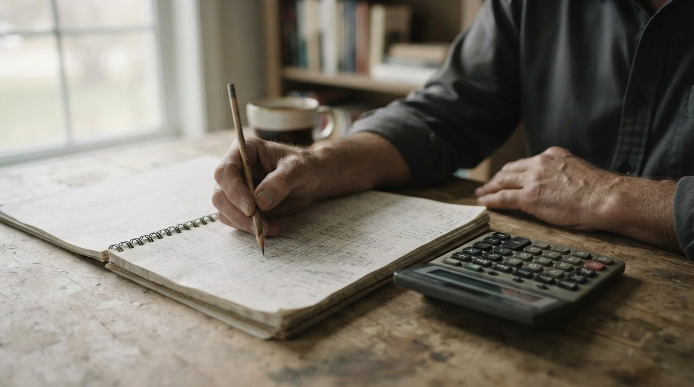 Manos con lápiz haciendo cálculos en un cuaderno junto a una calculadora