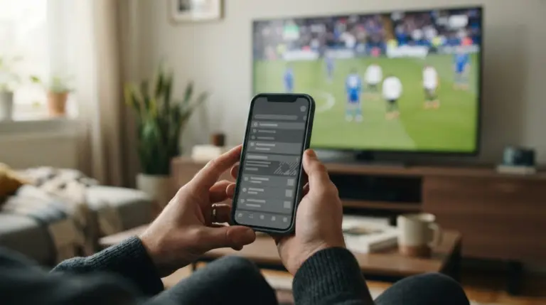 Manos con un móvil que muestra una interfaz neutra frente a un partido de fútbol en el televisor