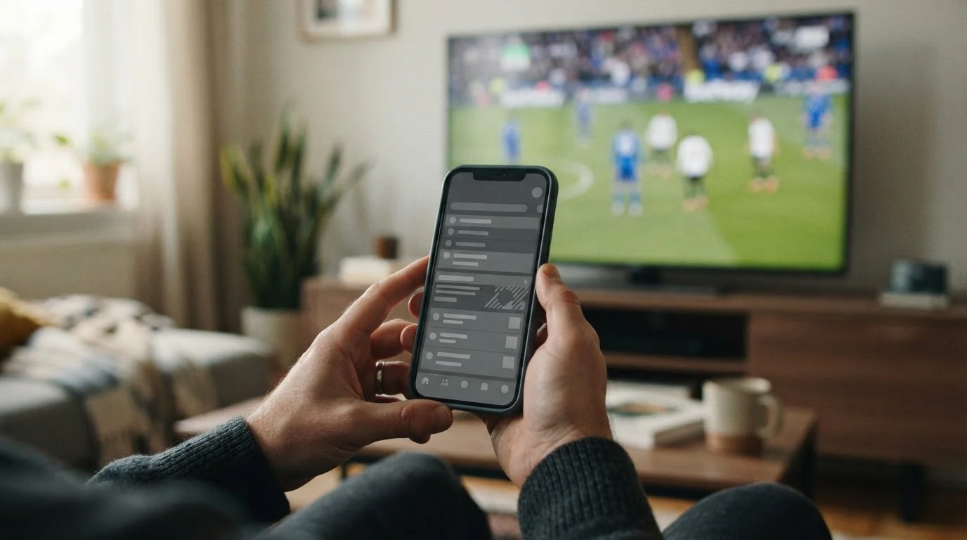 Manos con un móvil que muestra una interfaz neutra frente a un partido de fútbol en el televisor