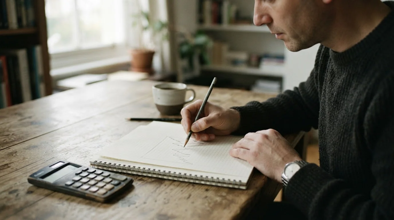 Manos con un lápiz trazando un gráfico de líneas sobre papel cuadriculado junto a una calculadora