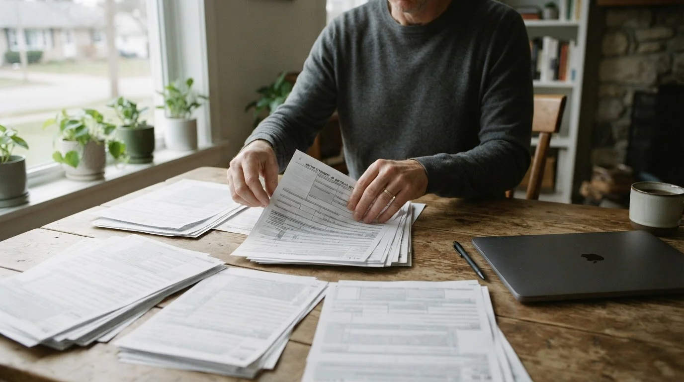 Manos ordenando formularios fiscales en blanco junto a un portátil cerrado