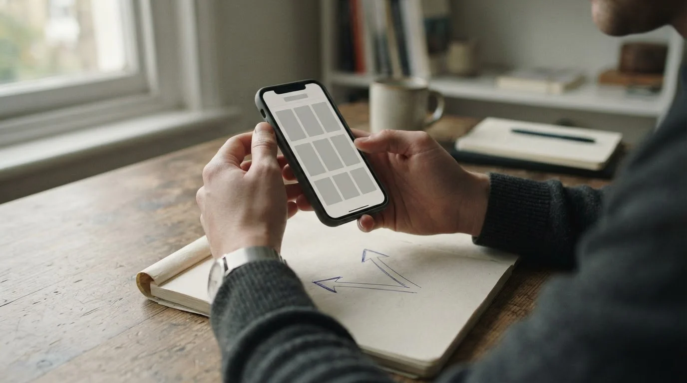 Manos sosteniendo un móvil con una pantalla neutra junto a dos flechas divergentes dibujadas en papel