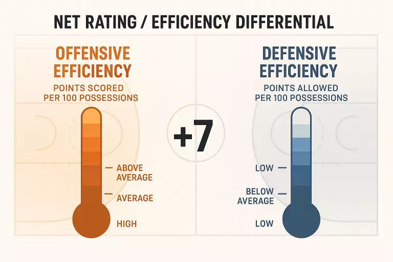 Diferencial de eficiencia Net Rating en NBA comparando ataque y defensa por 100 posesiones