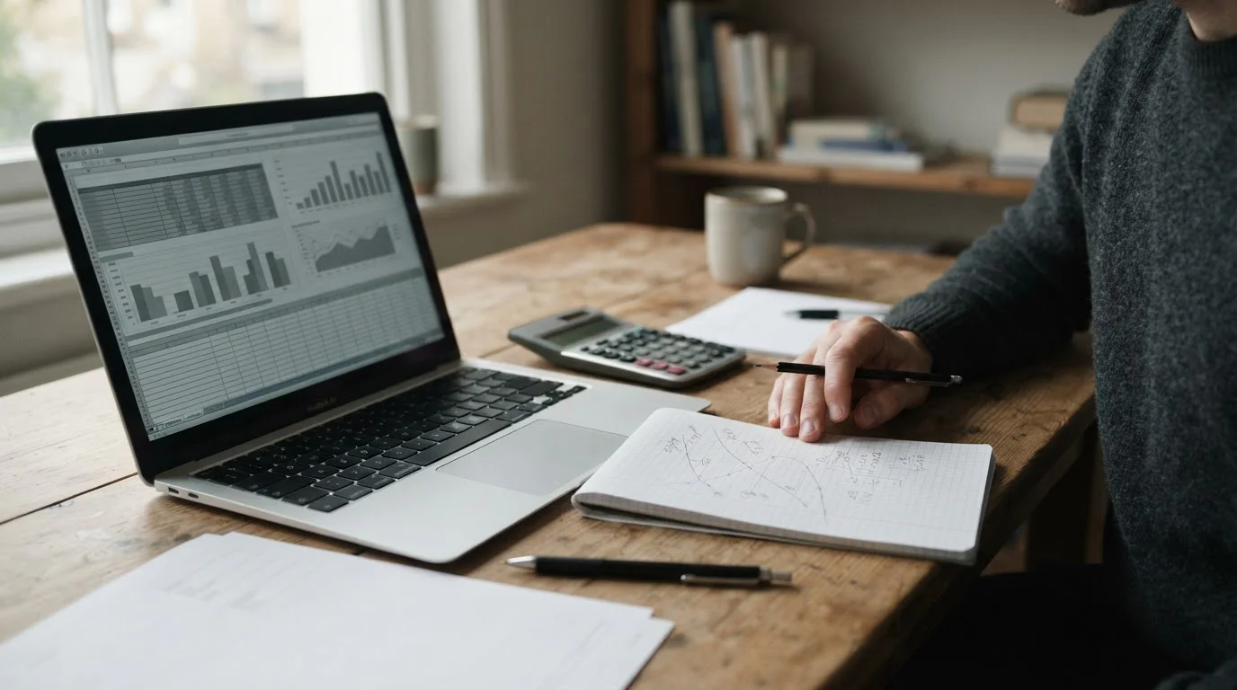 Escritorio con portátil, calculadora y formularios para analizar estrategias de apuestas