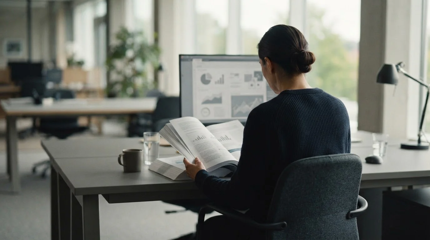 Persona de espaldas leyendo un documento encuadernado en un escritorio de oficina