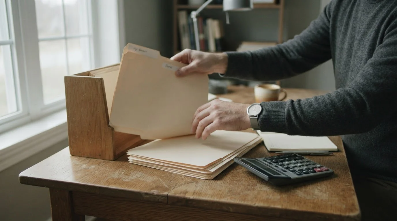 Manos ordenando carpetas de documentos junto a una calculadora
