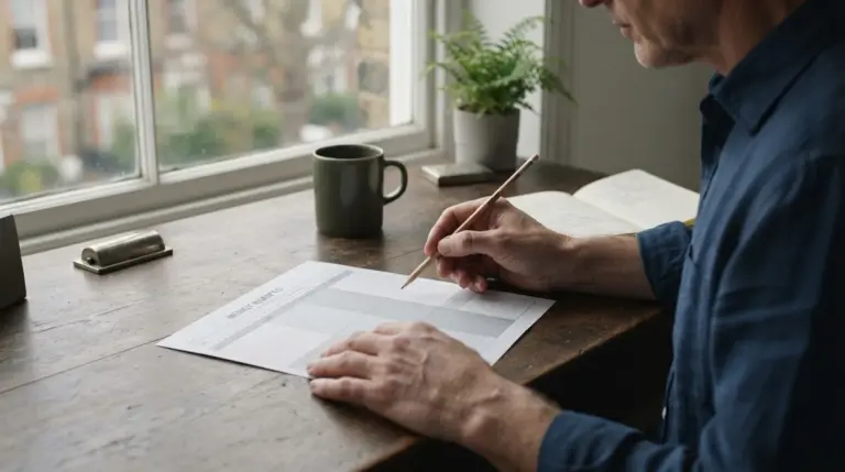 Manos con un lápiz sobre una hoja comparativa en un escritorio junto a la ventana