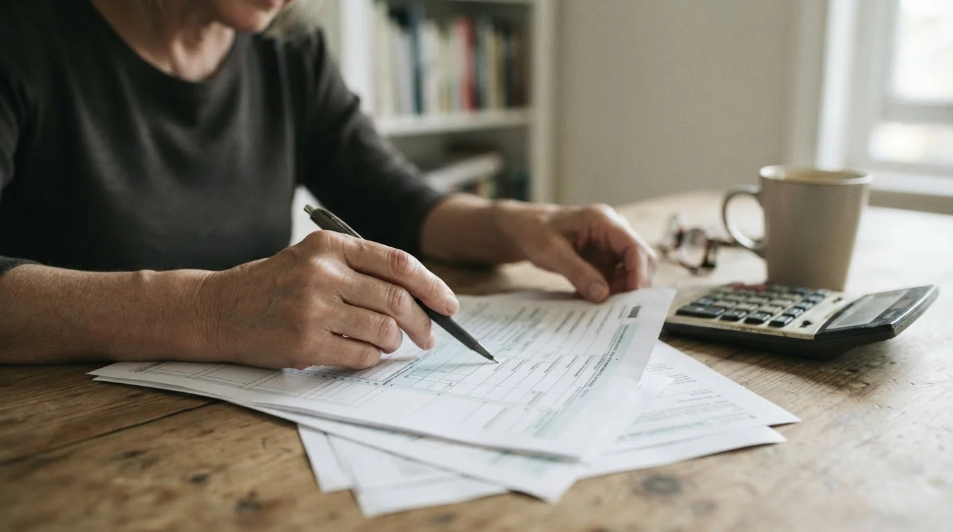 Manos revisando un formulario fiscal en blanco junto a una calculadora