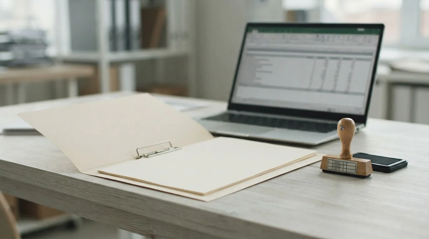 Carpeta de documentos en blanco y un sello sobre una mesa clara junto a un portátil