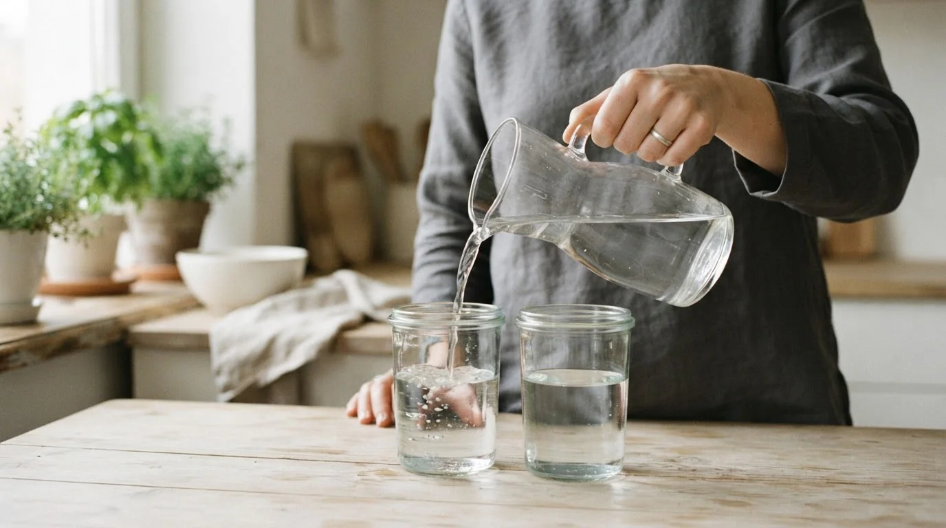 Una mano reparte agua a partes iguales entre dos tarros de cristal