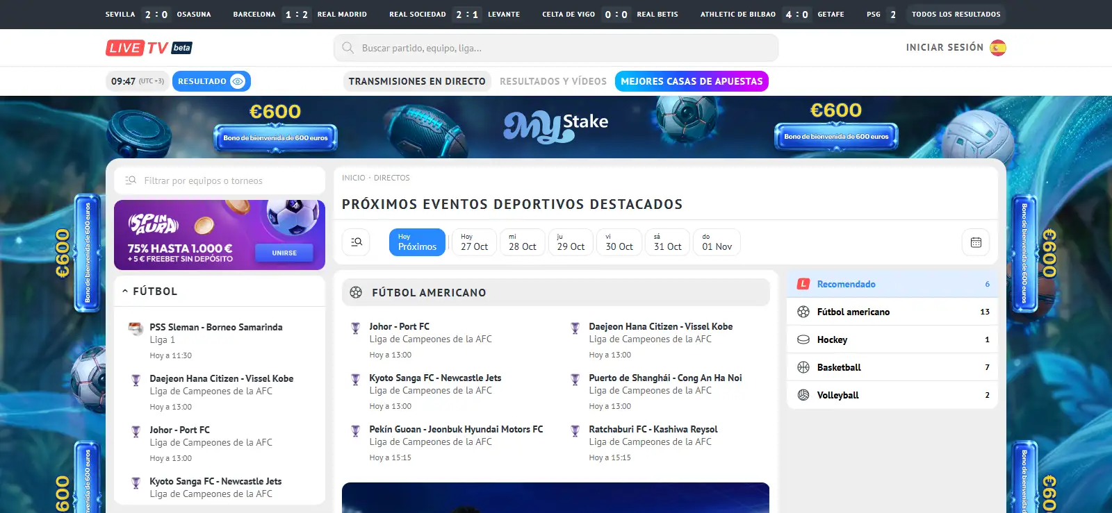Agenda de eventos deportivos con fechas y filtros de próximos partidos