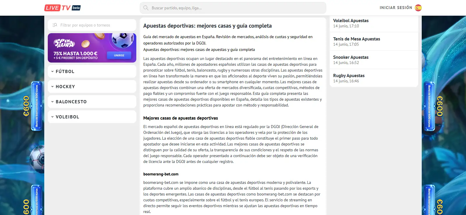 Página de guías deportivas con apartados de apuestas y explicaciones