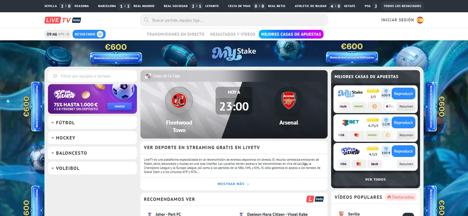 Portada de LiveTV con directos y opciones de búsqueda deportiva