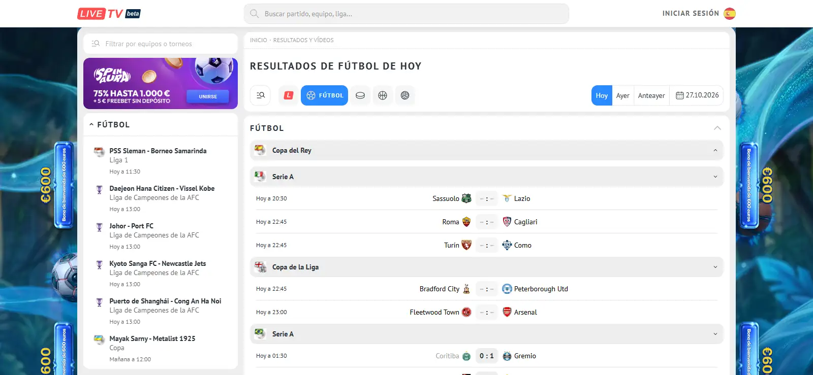 Listado general de resultados de fútbol con competiciones y marcadores