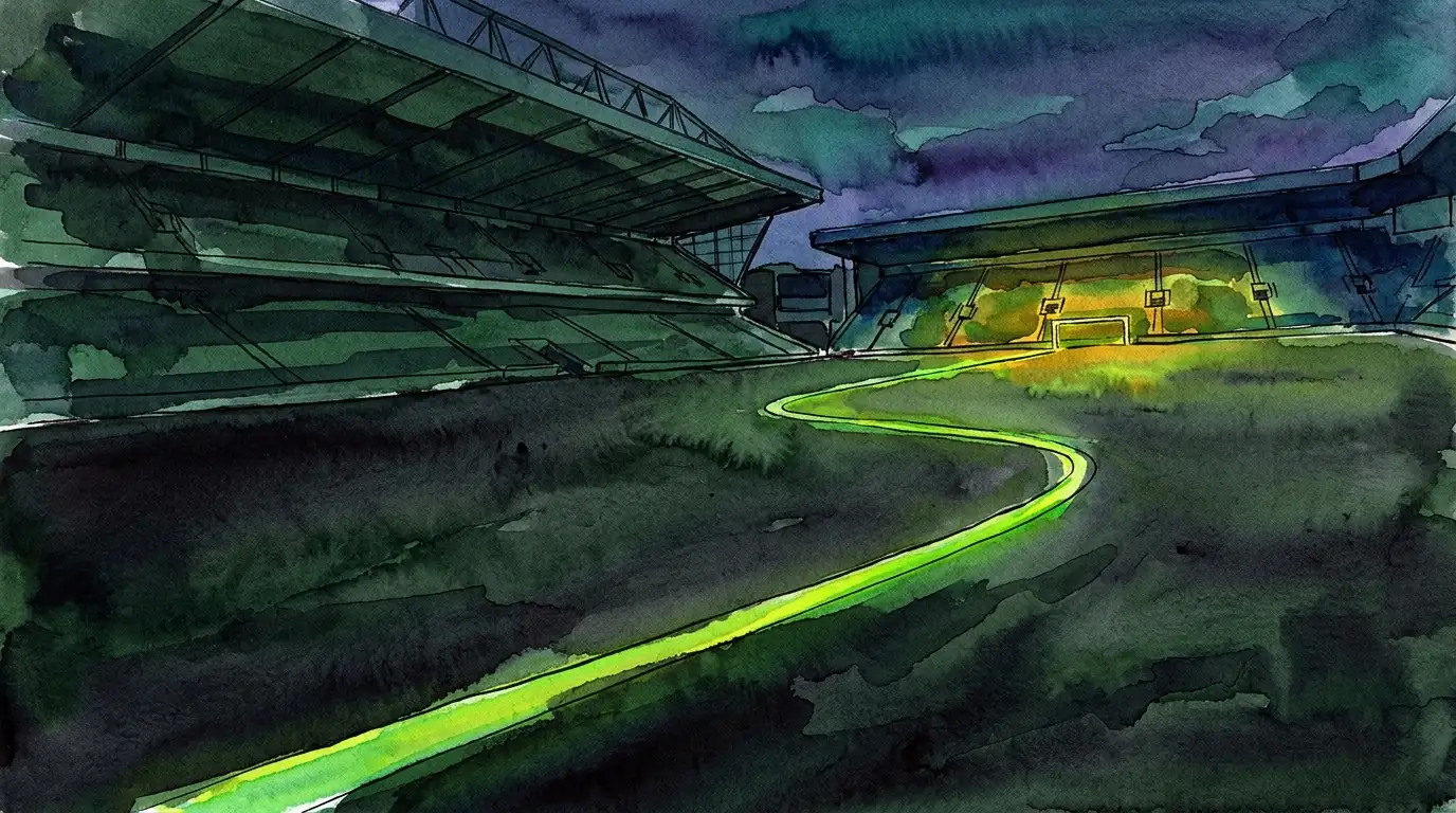 Líneas de un campo de fútbol que guían hacia una zona iluminada