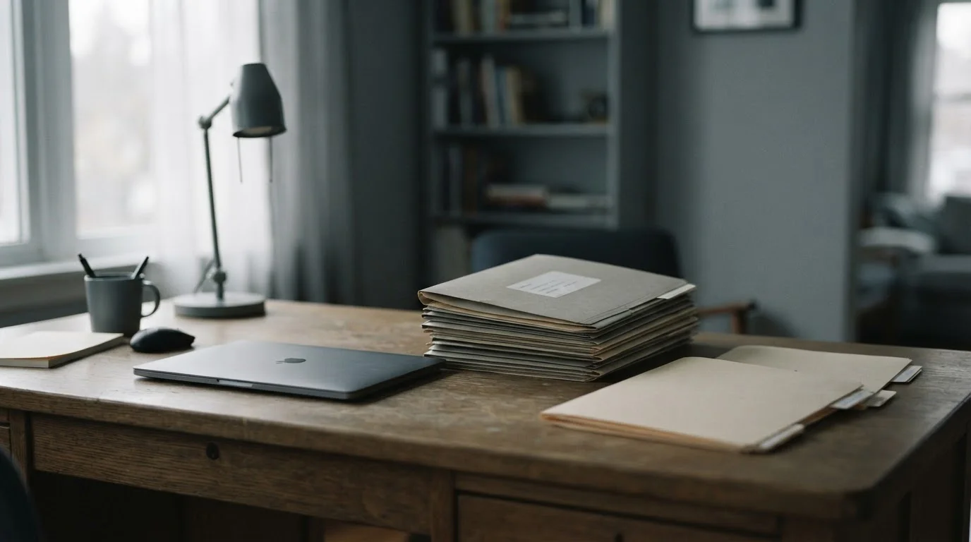 Carpetas de documentos y un portátil cerrado sobre un escritorio