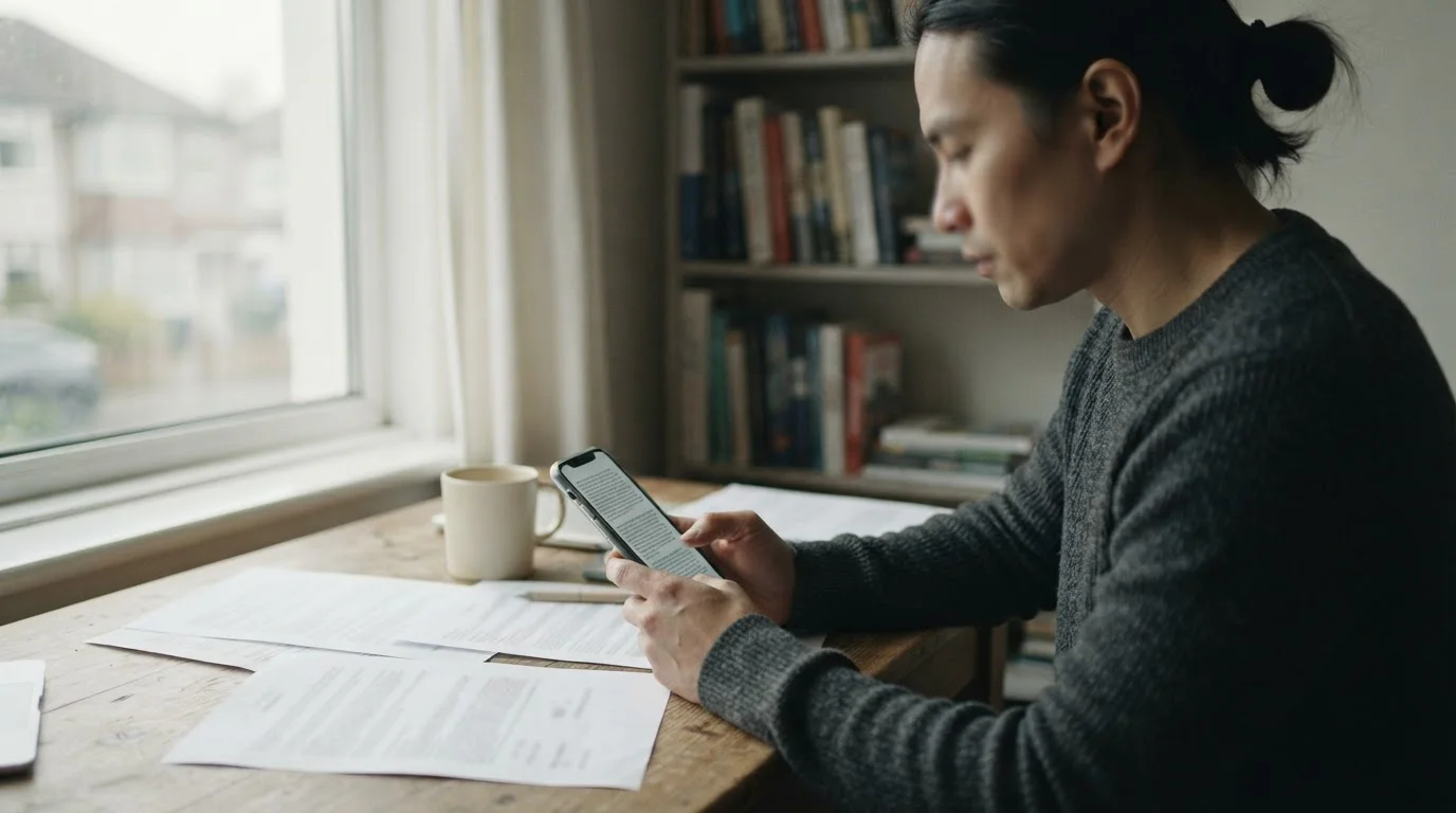 Persona de perfil leyendo condiciones en el móvil junto a documentos impresos