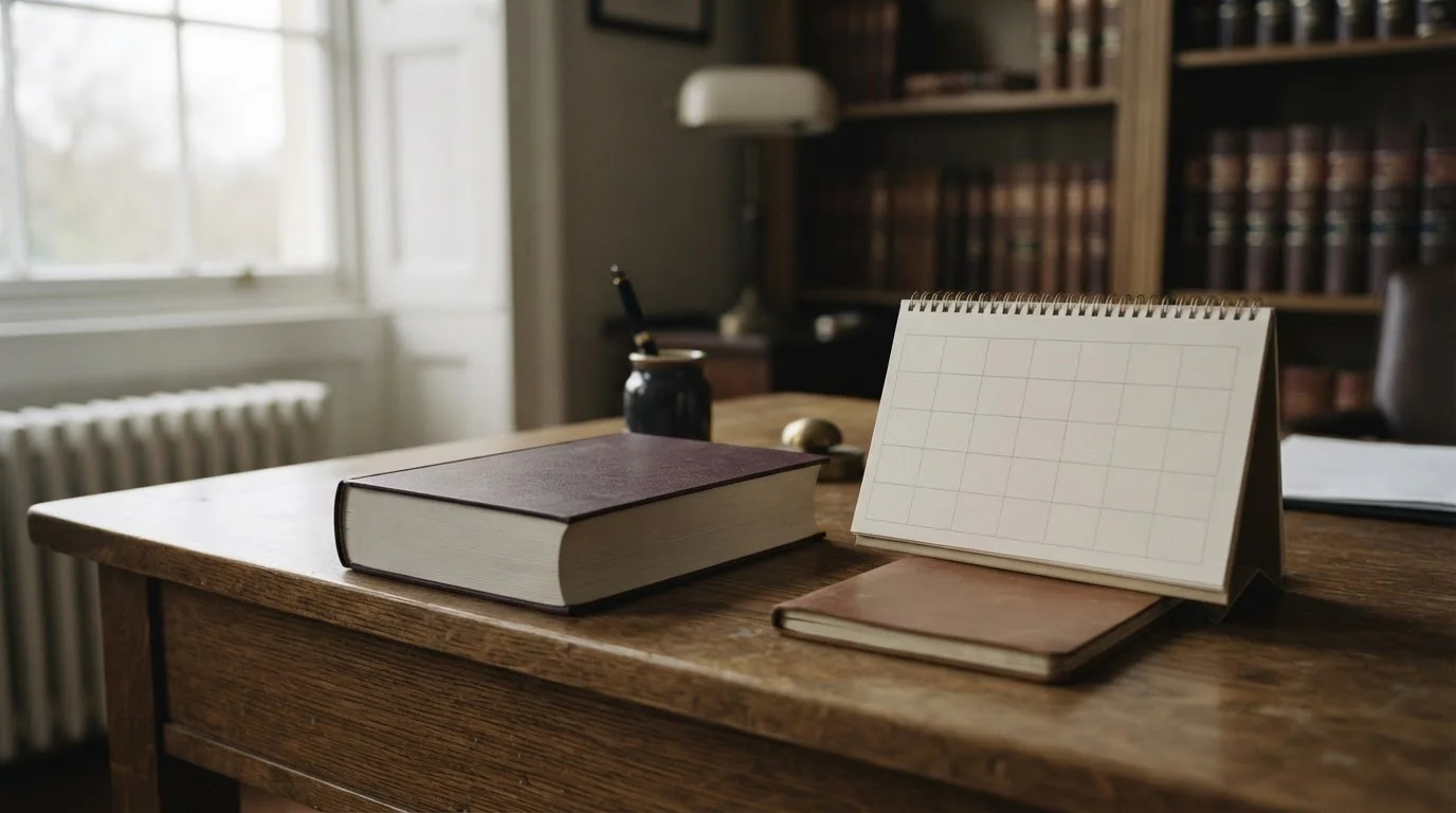 Volumen de legislación cerrado junto a un calendario de escritorio en blanco