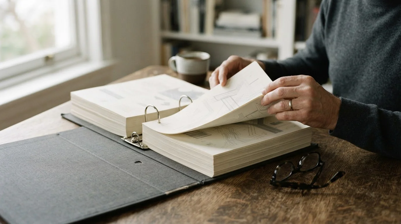 Manos hojeando un archivador de documentos normativos sobre un escritorio