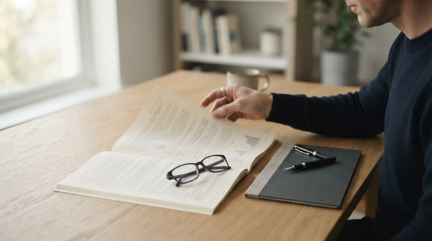 Documento normativo impreso y gafas de lectura sobre una mesa de despacho