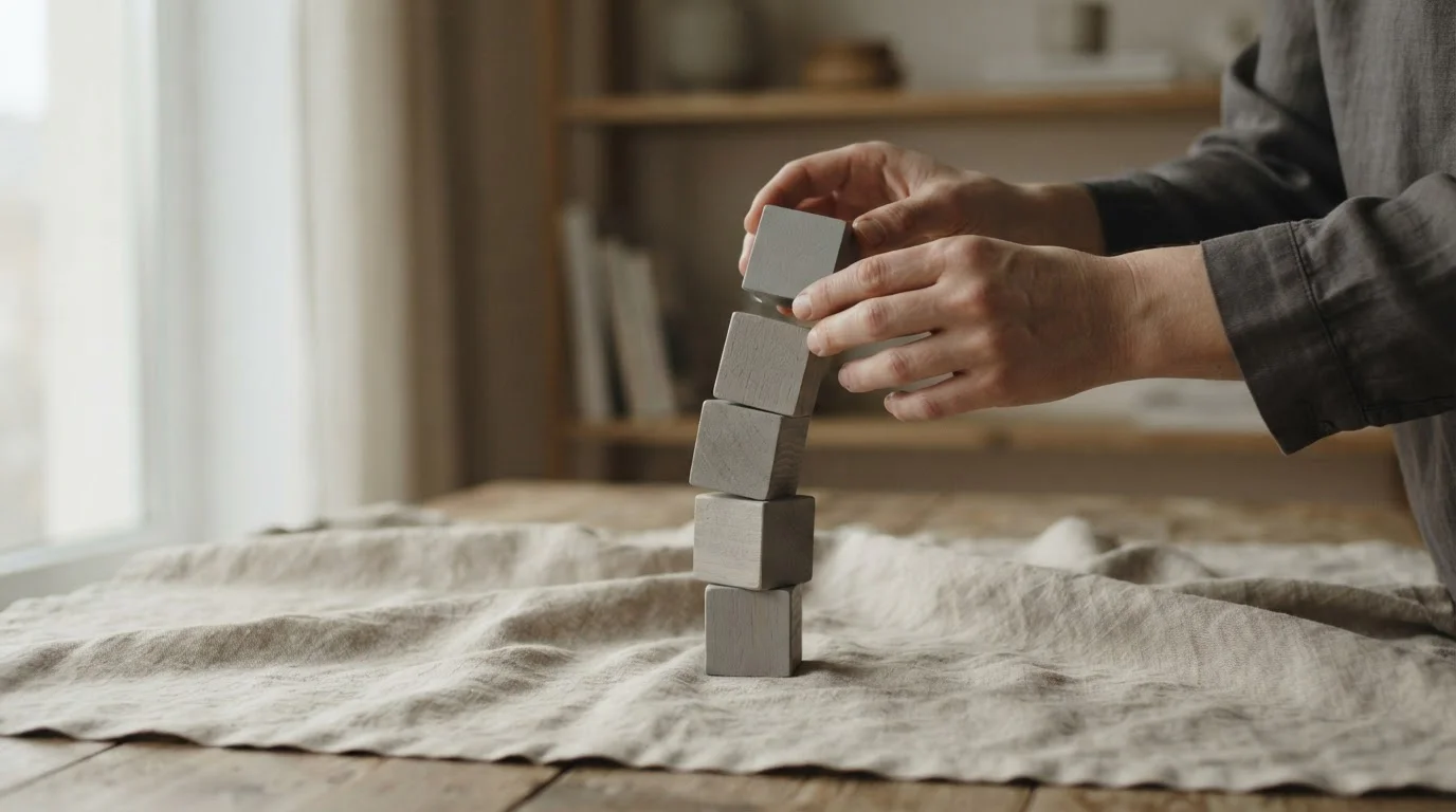 Manos apilando bloques de madera en una torre inestable