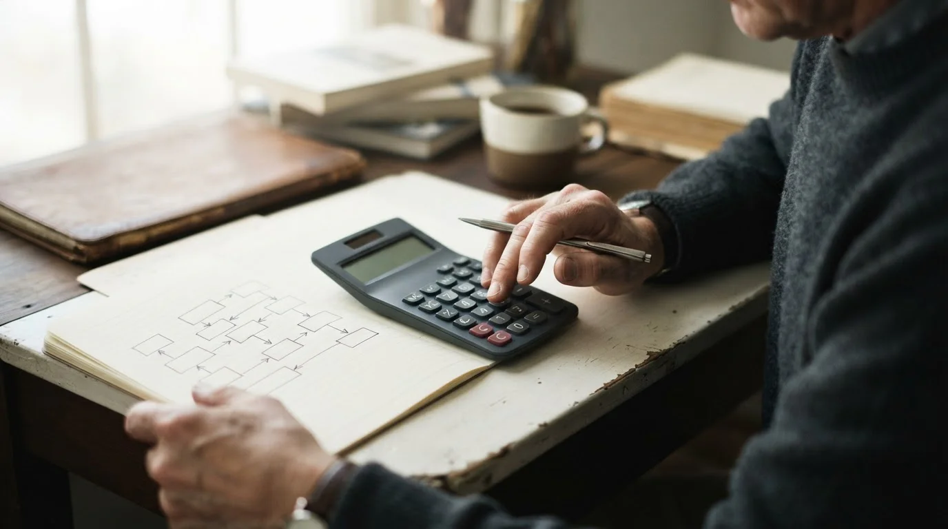 Manos con una calculadora junto a un cuaderno con un esquema de casillas enlazadas